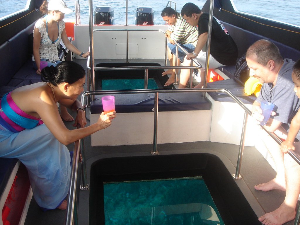 The gentle waves lap against our glass-bottom boat